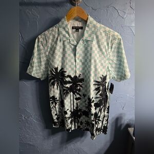 INC International Concepts Mint Checkered Shirt with Black Palm Design